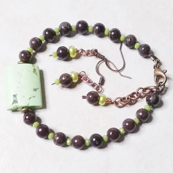 Hand Crafted Jewelry - Green & Brown Jasper Bracelet + Earring Set ~ Adjustable 7"+ Minimalist & Casual